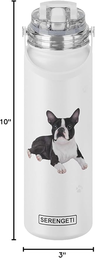 SERENGETI 24 Oz Water Bottle Stainless Steel with Spill Proof Lid - Double walled Vacuum Insulated water flask - Realistic 3D Print of your favorite dog (Boston Terrier)