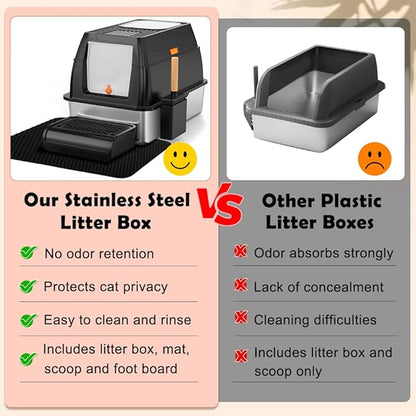 Vivifying Stainless Steel Litter Box with Lid, XL Front Entry Enclosed Extra Large Litter Box for Big Cats & Kitty, Top Exit Metal Cat Pan with Scoop, Mat, Footboard, Charcoal Filter (Black)