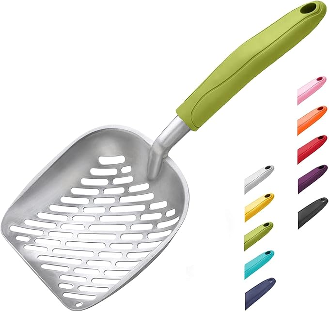 WePet Cat Litter Scoop, Aluminum Alloy Sifter, Kitty Metal Scooper, Deep Shovel with Diagonal Sifting Hole, Long Handle, Kitten Poop Lifter for Litter Box, Medium Size, Green Handle