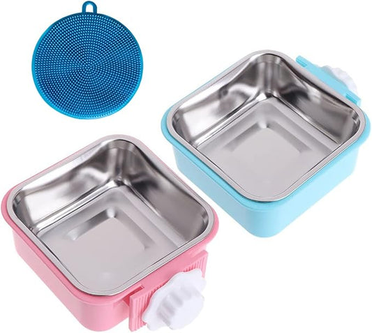 Love Dream Crate Dog Cat Bowls, Removable Stainless Steel Hanging Pet Cage, Food Water Feeder with Bolt for Puppy Birds 2 Pack with Silicone Sponge Dish Brush