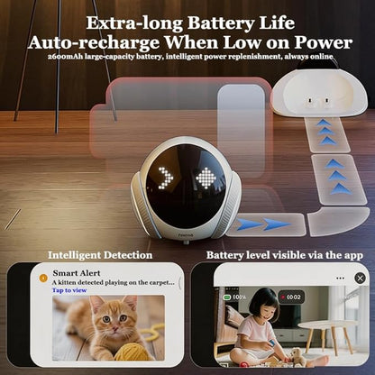 Home Pet Camera Robot with AI - Movable 1080P,Battery-Operated, Night Vision,2-Way Talk, Remote Interaction with App Control Camera for Dog Cat Kids
