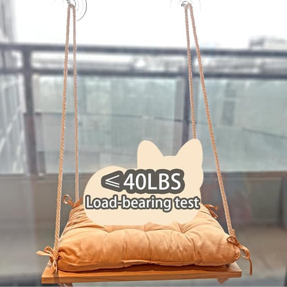 Cat Window Perch with Gunny Rope and Thick Cushion, Wooden Cat Hammock for Window, Bed for for Small Medium Indoor Cats