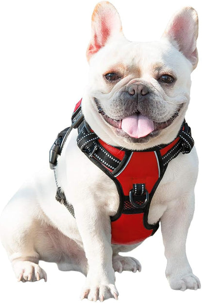 PHOEPET No Pull Dog Harness Medium Reflective Front Clip Vest with Handle,Adjustable 2 Metal Rings 3 Buckles[Easy to Put on & Take Off](M, Red)