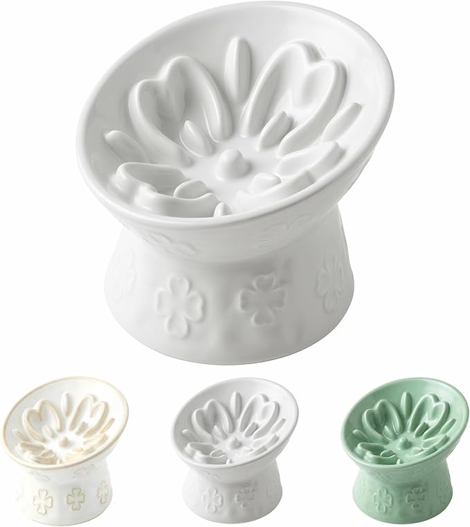 TRUVIC Ceramic Slow Feeder Cat Bowl, 15° Tilted Elevated Cat Slow Eating Bowl for Neck Protection, Anti Vomiting Dog Slow Feeder, Whisker Friendly & No Black Chin for Cats and Small Dogs, White