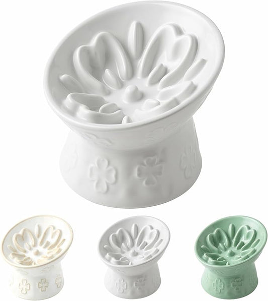 TRUVIC Ceramic Slow Feeder Cat Bowl, 15° Tilted Elevated Cat Slow Eating Bowl for Neck Protection, Anti Vomiting Dog Slow Feeder, Whisker Friendly & No Black Chin for Cats and Small Dogs, White