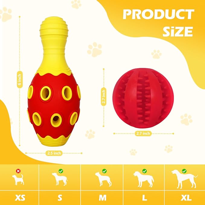 Interactive Dog Chew Toys with Bell, 2 Pack Bowling Pin & Ball Puppy Teething Toys for Small to Medium Dogs, Dental Chews for Boredom & Anxiety Relief, Red/Yellow
