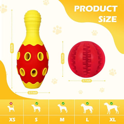 Interactive Dog Chew Toys with Bell, 2 Pack Bowling Pin & Ball Puppy Teething Toys for Small to Medium Dogs, Dental Chews for Boredom & Anxiety Relief, Red/Yellow