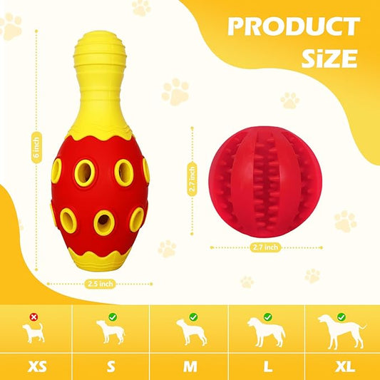 Interactive Dog Chew Toys with Bell, 2 Pack Bowling Pin & Ball Puppy Teething Toys for Small to Medium Dogs, Dental Chews for Boredom & Anxiety Relief, Red/Yellow