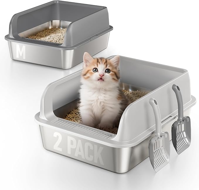 2 Pack Stainless Steel Cat Litter Box for Kitty with Lid, High Sides Metal Litter Pan for Kittens & Small Adult Cats, Odor Control, Easy to Clean, Non-Sticky, Scoops Included