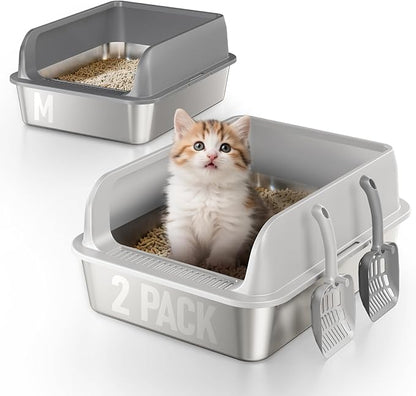 2 Pack Stainless Steel Cat Litter Box for Kitty with Lid, High Sides Metal Litter Pan for Kittens & Small Adult Cats, Odor Control, Easy to Clean, Non-Sticky, Scoops Included