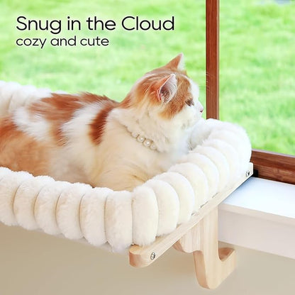 Zakkart SnugCloud Cat Window Perch with 4-Sided Bolster - Large Cat Hammock for Window Sill - Solid Hardwood & Metal Frame - Window Seat for Pets (Natural Color Wood w/White Bed, Large)