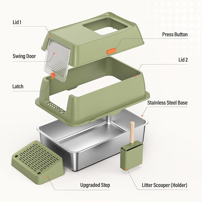 Removable Stainless Steel Cat Litter Box with lid, Front & Top Entry Kitty LitterBox，Cat Litter Box Enclosure, XL Extra Large High-Sided Metal Cat Box with Scoop,Mat,Footboard (Green)