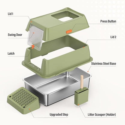 Removable Stainless Steel Cat Litter Box with lid, Front & Top Entry Kitty LitterBox，Cat Litter Box Enclosure, XL Extra Large High-Sided Metal Cat Box with Scoop,Mat,Footboard (Green)