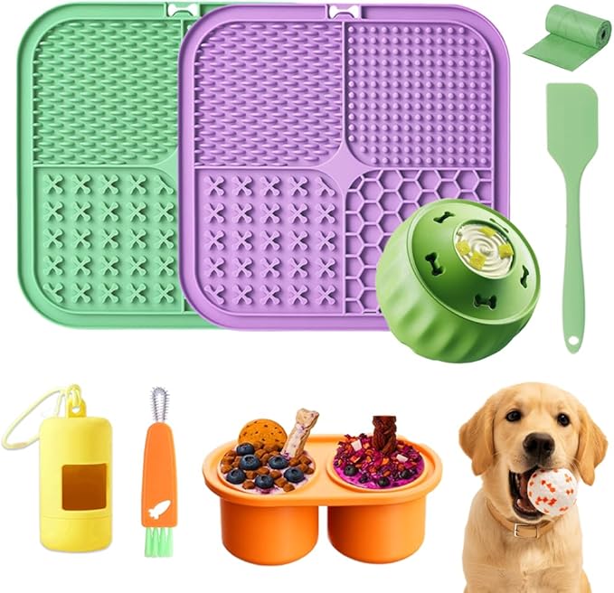 7.87" Dog&Cat Lick Mat with Suction Cups Set,Frozen Treat Puzzle Dispenser for Puppy,Dog Enrichment Toy Foam Ball for Anxiety Relief