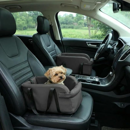 Waterproof Faux Leather Center Console Dog Car Seat, 2-in-1 Portable Puppy Carrier & Armrest Booster Seat for Small Dogs, Easy-to-Clean Tech Fabric, Sturdy Cushioned, Anti-Collapse Walls, Under 11 lbs
