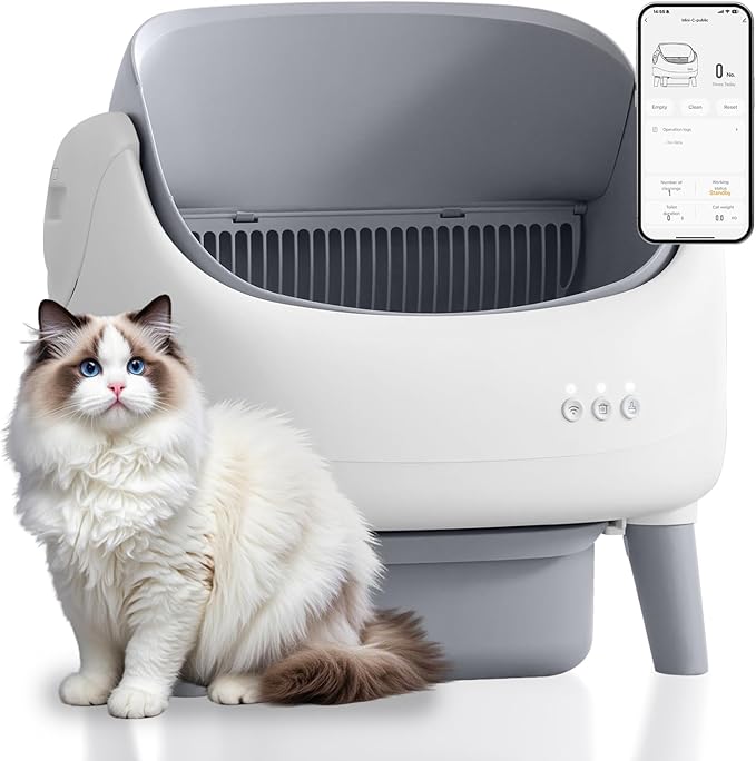 Open-Top Self Cleaning Cat Litter Box, Automatic Cat Litter Box, APP Control,Upgraded Safety Protection, Includes 1 Roll Waste Bag, Grey