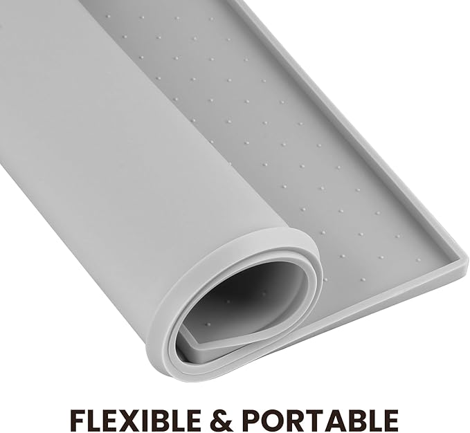 VIVAGLORY Dog Bowl Mat Grippymat Pet Food Mat, Waterproof Washable Nonslip Silicone for Pet & Cat, Food and Water Placemat with Lip & Raised Edges for Indoor Floor, L, Light Grey