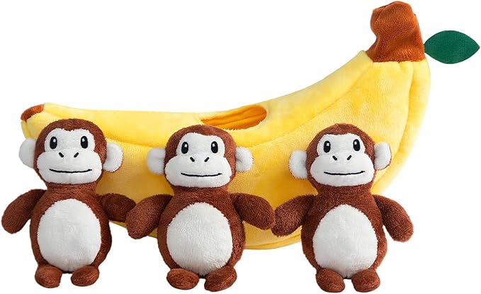 Hollypet Squeaky Dog Toy, Interactive Plush Hide and Seek Dog Toys for Small Medium Sized Dogs and Non-Aggressive Chewers, Puppy Teeth Clean Chew Toys, Banana and Monkeys