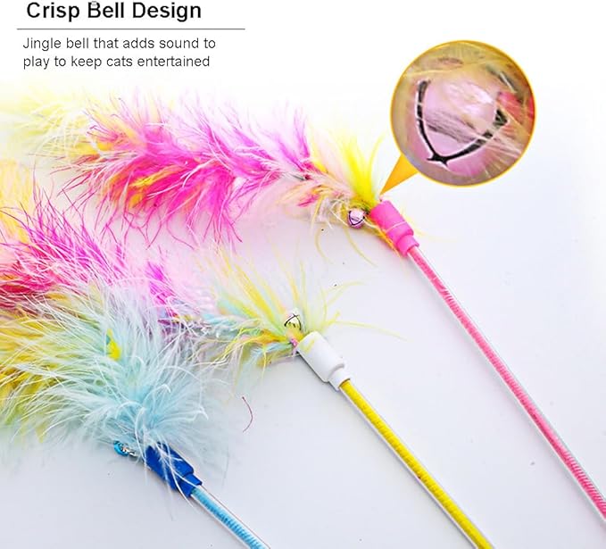 IUHKBH Cat Wand Toys, 3 PCS Interactive Kitten Toys Cat Teaser Wand with Soft Furry Tail Feather Wands with Bell