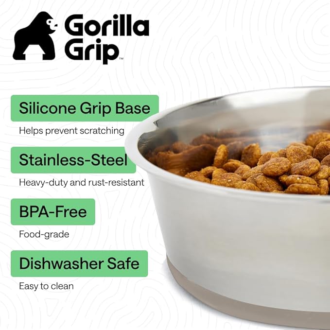 GORILLA GRIP Dog Bowls, Food Grade 304 Stainless Steel, Holds 2 Cups Each (16 fl oz) Food and Water Bowl for Feeding Dogs and Cats, Dishwasher Safe, Rust Resistant, BPA Free Rubber Base Set of 2 Beige
