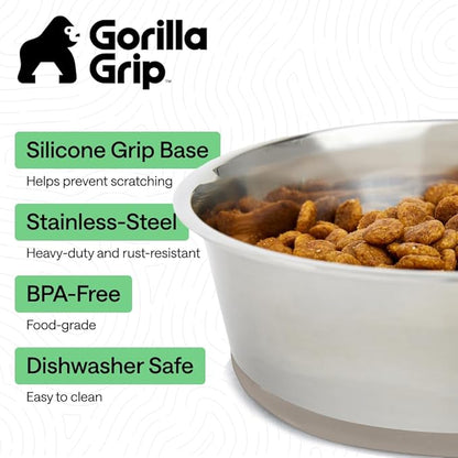 GORILLA GRIP Dog Bowls, Food Grade 304 Stainless Steel, Holds 2 Cups Each (16 fl oz) Food and Water Bowl for Feeding Dogs and Cats, Dishwasher Safe, Rust Resistant, BPA Free Rubber Base Set of 2 Beige
