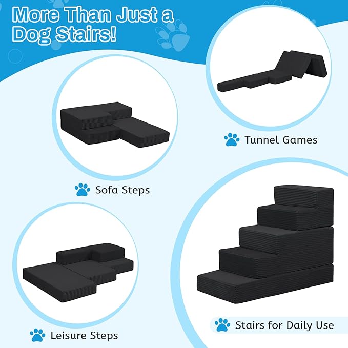 Dog Stairs for Small Dogs, 5 Step Pet Stairs for High Beds and Couch, Dog Steps for Bed Balanced 22.4" H, Foldable Pet Ramp for Large Cats Climb, Non-Slip Bottom Doggy Step, Black