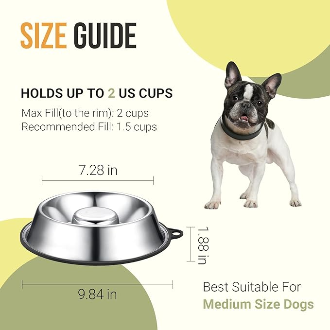 PEGGY11 Stainless Steel Slow Feeder Dog Bowl - Holds 2 Cup, for Medium Size Dogs