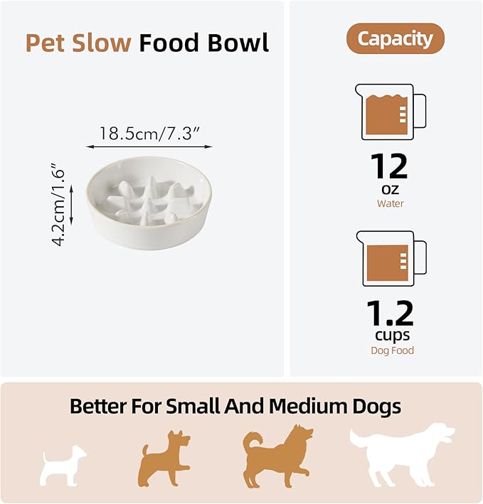 Ceramic 1.2 Cup Dog Bowl Slow Feeder, 7.3 inch Slow Pet Food Dish for Medium and Small Dog, Stop Bloat, Preventing Choking(Single Bowl, Reactived Glaze -White)