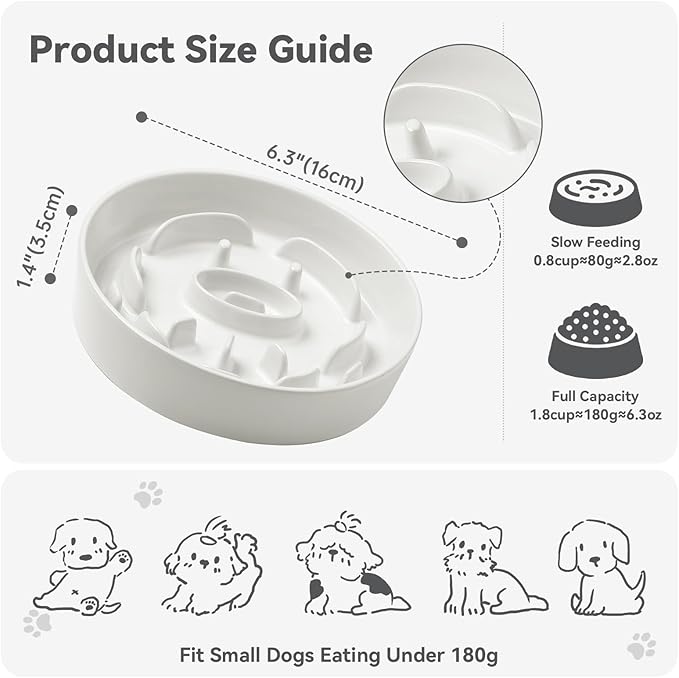 Ceramic Slow Feeder Dog Bowl - Feeding Dish for Fast Eaters - Maze Dog Bowl to Slow Down Eating - Ideal Food Control Dish for Small Breeds - 0.8 Cups (80g) - 6.3 Inch - White