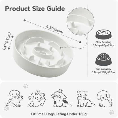 Ceramic Slow Feeder Dog Bowl - Feeding Dish for Fast Eaters - Maze Dog Bowl to Slow Down Eating - Ideal Food Control Dish for Small Breeds - 0.8 Cups (80g) - 6.3 Inch - White