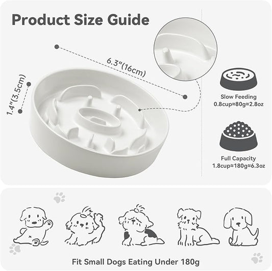Ceramic Slow Feeder Dog Bowl - Feeding Dish for Fast Eaters - Maze Dog Bowl to Slow Down Eating - Ideal Food Control Dish for Small Breeds - 0.8 Cups (80g) - 6.3 Inch - White