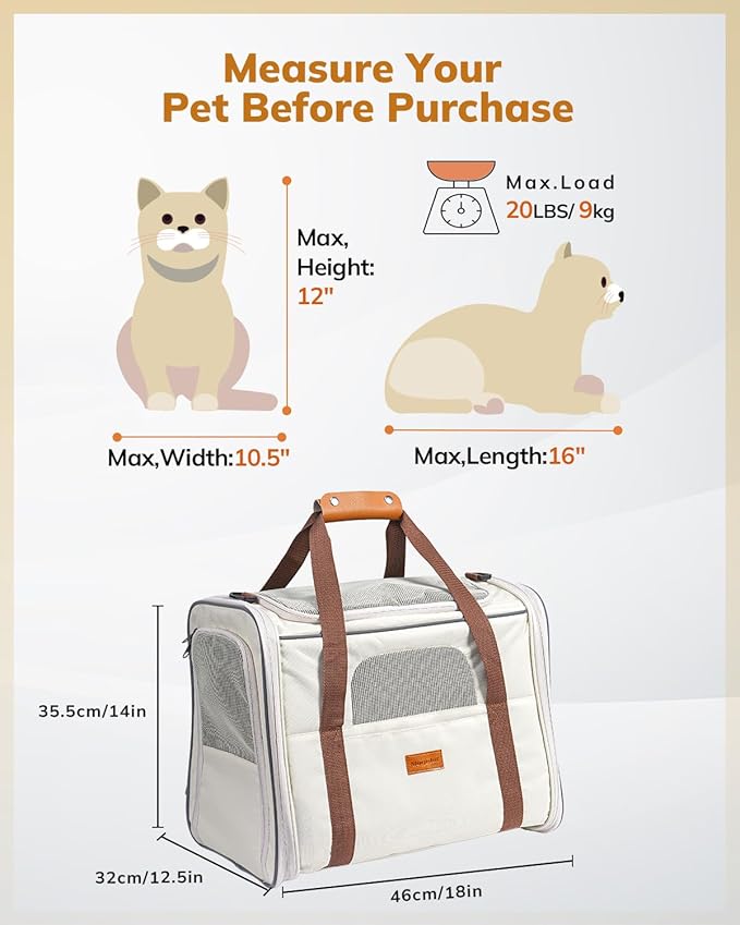 Morpilot Pet Travel Carrier Bag, Soft-Sided Dog Carrier Cat Carrier Pet Carrier, for Large Cats and Medium Puppies up to 25lbs, with Locking Safety Zippers, Foldable Bowl (Beige)
