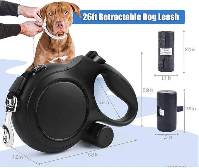26 ft Retractable Dog Leash - Heavy Duty Retractable Pet Leash with Anti-Slip Grip for Medium to Large Dogs up to 110 lbs (Black)