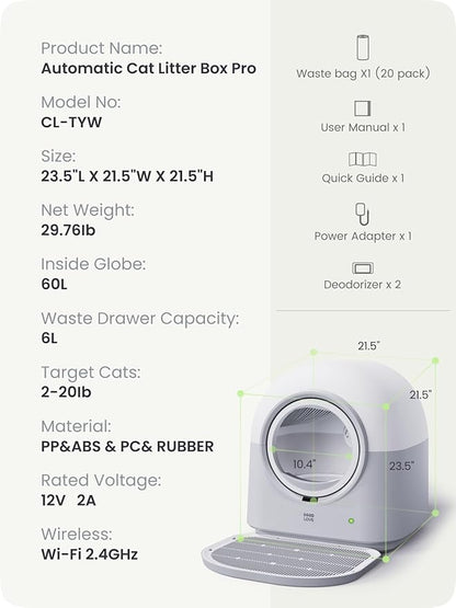 HHOLOVE TYPro Self Cleaning Cat Litter Box Automatic Hands-Free Smart Robot self Cleaning Cat Litter Box for Multiple Cats with APP Control Safe with Litter Mat Waste Bags and Deodorizer