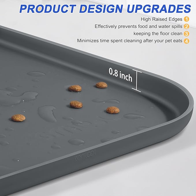 Silicone Pet Feeding Mat with Raised Edge for Food and Water, Dog Bowl Mats, Cat Bowls Placemat with High Lip for Floor Waterproof, Rubber Tray for Cats and Dogs 22 x 14 x 0.8 Dark Grey