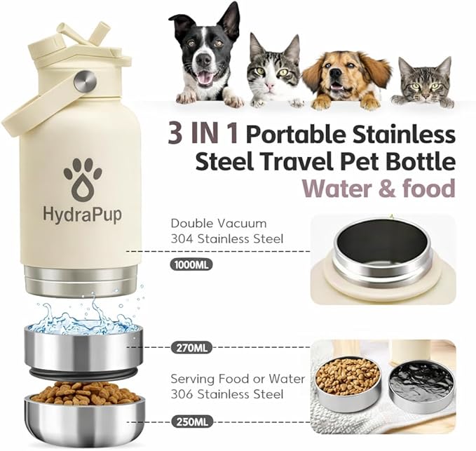 32oz Insulated Water Bottle with Dog Bowls – Human & Pet Shared Use, Stainless Steel Leakproof Travel Bottle (Cream White)