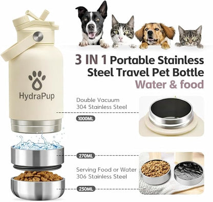 32oz Insulated Water Bottle with Dog Bowls – Human & Pet Shared Use, Stainless Steel Leakproof Travel Bottle (Cream White)