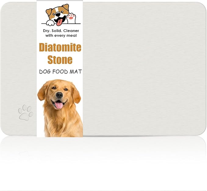 Newest Diatomite Stone Pet Feeding Mat for Dog&Cat–Super Absorbent Diatomite Fast Drying Stone Dog Food Mat, Quick Dry Dog Mats for Food and Water with Non-Slip Pad (24×16'', Off White, Square)