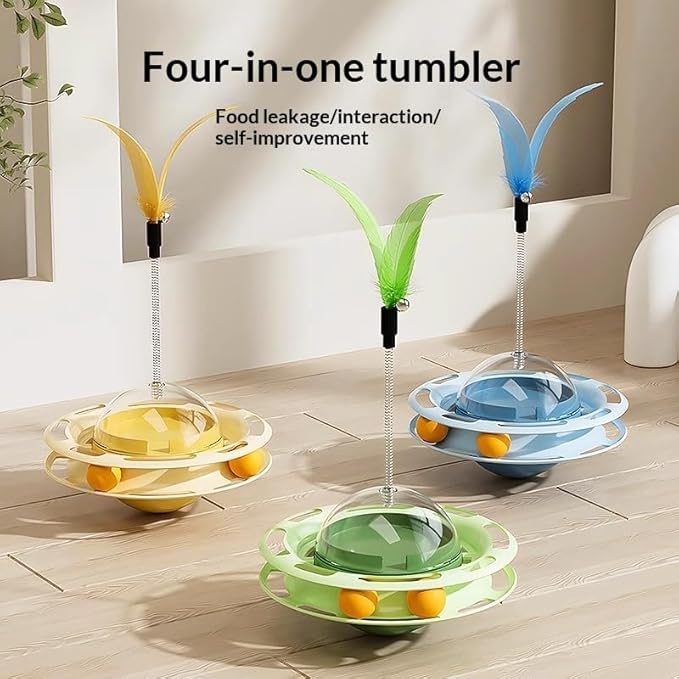 Cat Toy for Indoor Cats, 4-in-1 Interactive Pet Plaything, Blue Cat Ball Track with Treat Dispenser, Feather Teaser, Self-Play Tumbler Toy