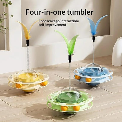 Cat Toy for Indoor Cats, 4-in-1 Interactive Pet Plaything, Blue Cat Ball Track with Treat Dispenser, Feather Teaser, Self-Play Tumbler Toy