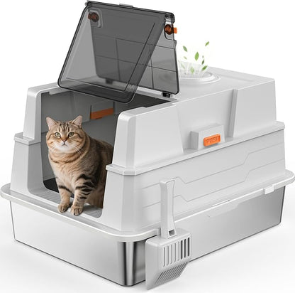 Extra Large Enclosed Stainless Steel Cat Litter Box with Lid - XXXL Giant Metal Enclosed High Sides Litter Boxes for Multi-Cat Households and Overweight Cats - Black