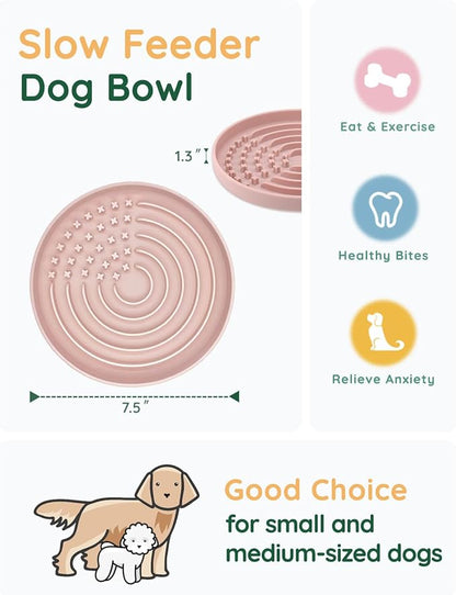 Slow Feeder Dog Bowls, Slowdown Bowl - Puzzle Silicone Dog Feeding Bowls with Suction Cups, Innovative Lick Mat, Healthy Eating, Dishwasher Microwave Safe, Mealtime Challenge, 7.5" x 1.3"Pink