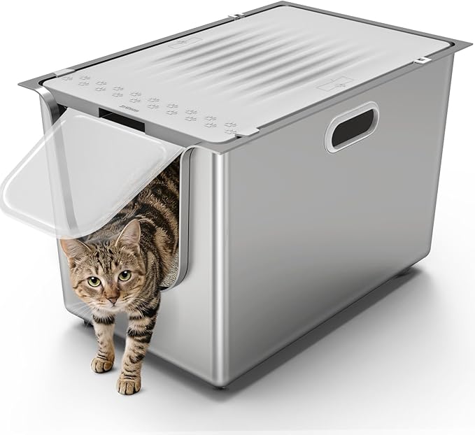 Stainless Steel Litter Box with Lid, Cat Litter Box with Door 14.5'' High Sides, XL Metal Kitty Litter Pan, Pet Toilet with Wheels for Easy Mobility, Anti-Leakage, Non-Sticky, Easy Clean
