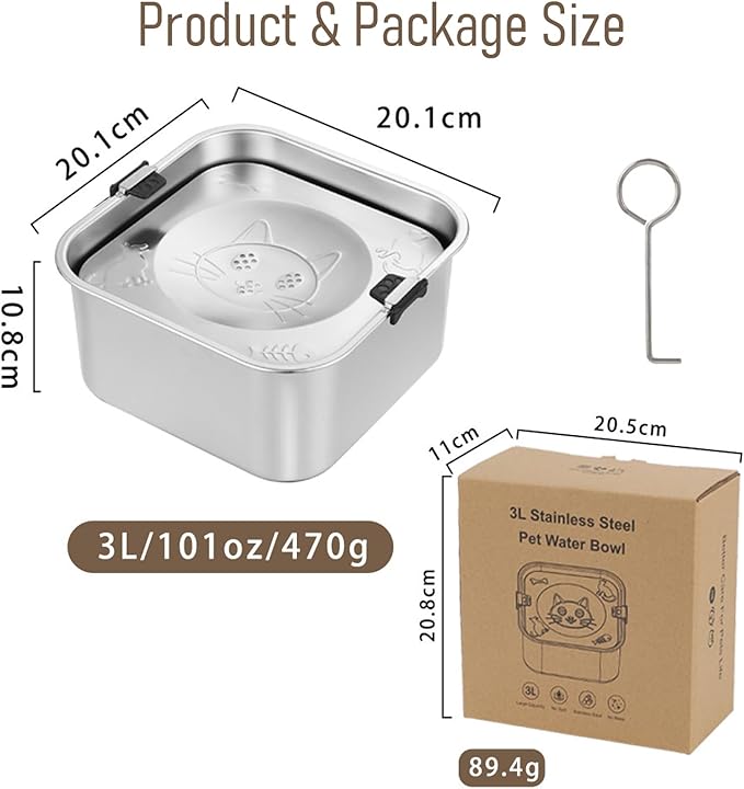 No Spill Water Bowl for Dogs,101oz/3L Slobber Stopper Stainless Steel, Slow Drinking Dog Water Bowl, No Mess Dog Water Dispenser Spill Proof, Dishwasher Safe, Silver