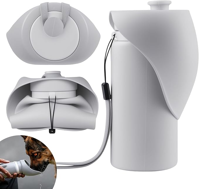 Jalopink Portable Dog Water Bottle, 2-in-1 Leak Proof & Collapsible Silicone Pet Dispenser with Built-in Bowl, Food Grade Travel Cup for Walking, Hiking (19oz/550ml, Gray)
