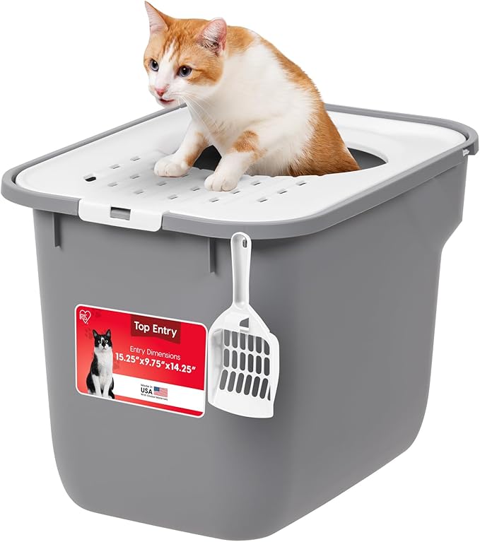 IRIS USA Large Cat Litter Box Top Entry with Lid, Enclosed Litter Box with Litter Catching Lid & Scoop, Covered Cat Litter Box Enclosure for Privacy, High Sided, Gray/White