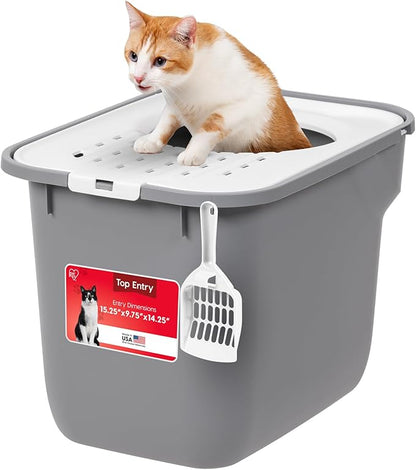 IRIS USA Large Cat Litter Box Top Entry with Lid, Enclosed Litter Box with Litter Catching Lid & Scoop, Covered Cat Litter Box Enclosure for Privacy, High Sided, Gray/White