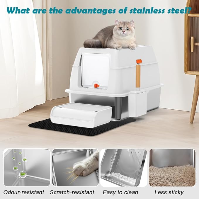 SZEE XL Stainless Steel Litter Box with Lid, Extra Large Metal Covered Litter Box, Stainless Box Easy Clean, Activated Charcoal Odor Control Design, Includes Litter Scoop & Mat & Step, White