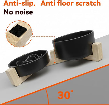 Ceramic Slow Feeder Dog Bowl Set-1 Cup Puzzle Dog Food Bowl & 850ML Water bowl with wooden stand for small dogs, Anti-Gulping,Anti-chewing,Anti-Slip,Black