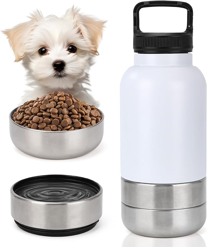 Dog Travel Water Bottle, 3 in 1 Stainless Steel Insulated Dog Water Bottle for Dogs, Portable Travel Dispenser with 2 Removable Bowls for Walking, Hiking, Camping, Outdoor (White, 32OZ)